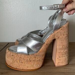 Schutz Pattie Platform Pump Heels sz 8 US Chunky Sandal Silver Cork Cyber Y2K
